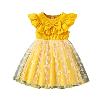 Girls 4-7 Yellow Summer Casual Dress, Front Ruffled Sleeve Design with Bow & Daisy Print Tulle Skirt, Daily Kids Outfit