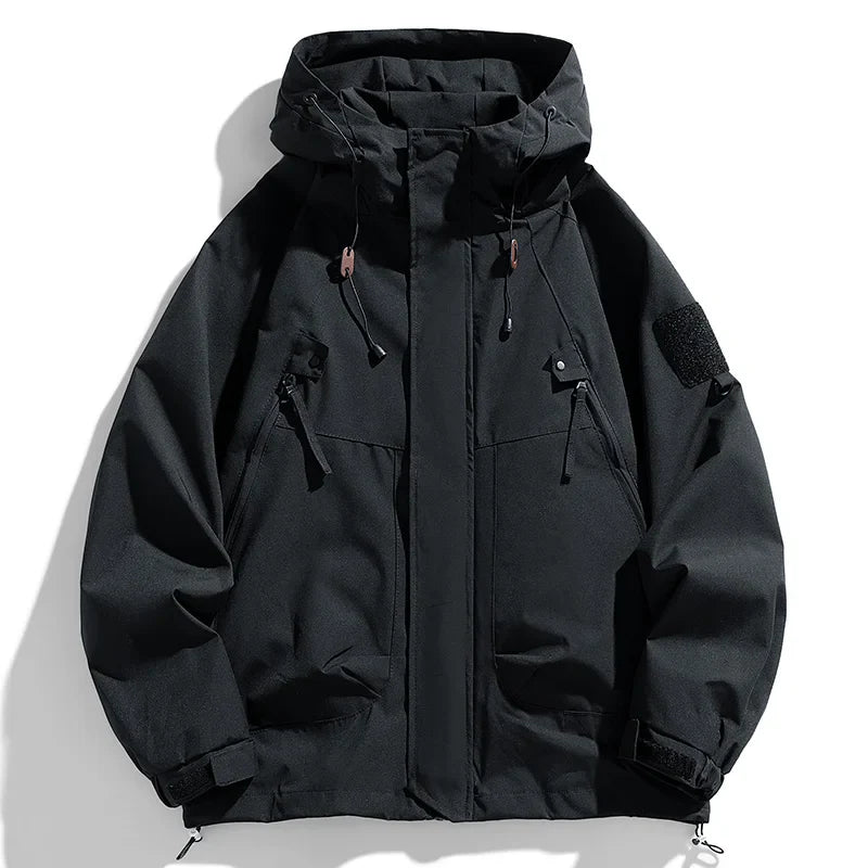 Windbreakers Men Hooded Jacket Zipper Coat Cargo Waterproof Black Bomber Camping Loose Thin Softshell Hooded Hiking Jacket