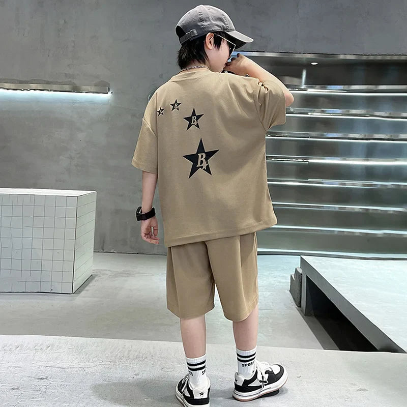 New Summer Teenager Boys Clothing Set Cotton Letter Short Sleeve T-shirt Shorts 2Pcs For 4-14 Years Kids Tracksuits Child Cloth