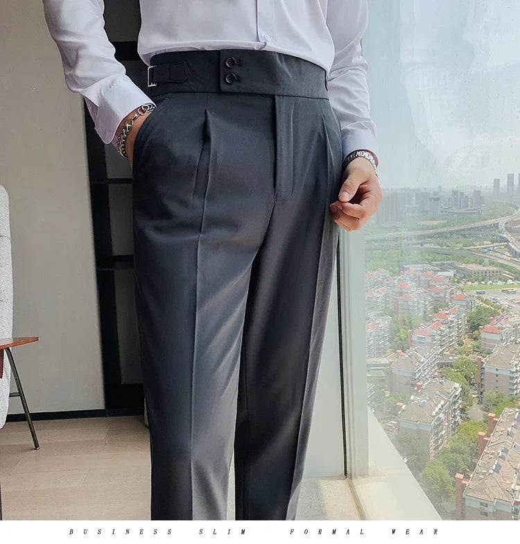 Men British Style Suits Pants New Male Solid High Waist Trousers High Quality Men Formal Slim Fit Business Casual Suit Pants