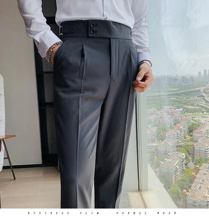 Men British Style Suits Pants New Male Solid High Waist Trousers High Quality Men Formal Slim Fit Business Casual Suit Pants