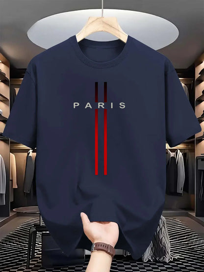 Men's 100% pure cotton summer casual loose fashion Paris letter printed comfortable round neck short sleeved T-shirt top