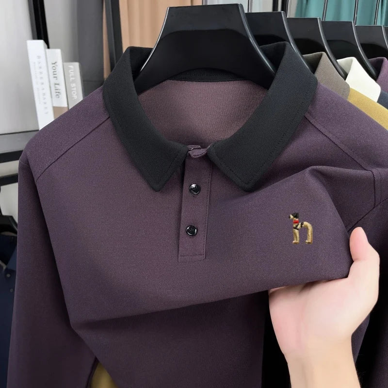 High quality luxury long sleeve polo shirt  men's spring autumn new trend brand cute dog embroidery Korean casual lapel T-shirt