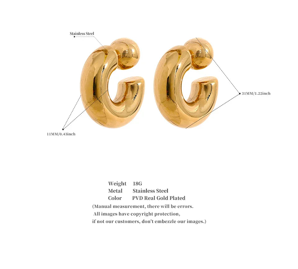 Stainless Steel C Shape Round Chunky Unusual Earrings Jewelry Waterproof Metal Texture Attractive Women Accessories Gift