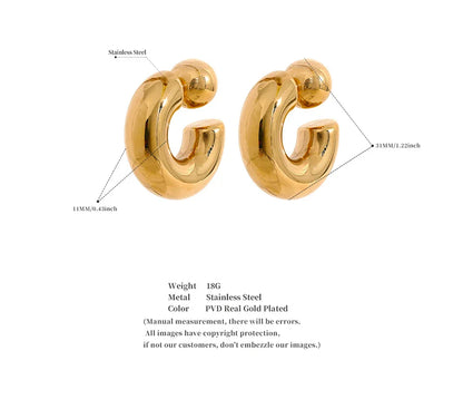Stainless Steel C Shape Round Chunky Unusual Earrings Jewelry Waterproof Metal Texture Attractive Women Accessories Gift