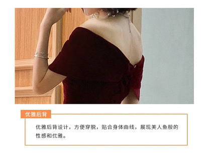 Spring Long Luxury Elegant Wine Red Soft Velvet Evening Party Wedding Dresses for Women 2022 Off Shoulder Maxi Dress