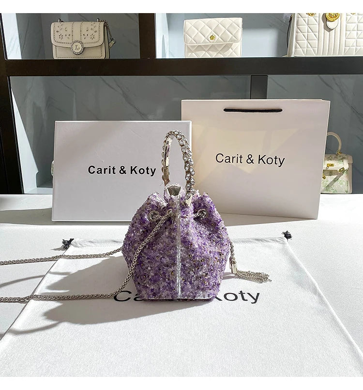 Luxury Designer Purple Stones Evening Clutch Bag Wedding Party Bucket Purse Metal Handle Women's Handbag Shoulder Messenger Bag