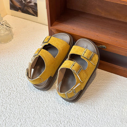 Kids Suede Strappy Sandals for Boys Girls 2025 Summer Toddler Beach Barefoot Shoes Non-slip Versatile Comfort Casual Sandals Ins
