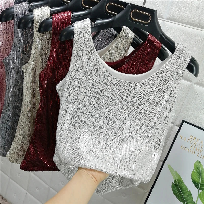 Sparkling Sequins Round Neck Vest Women's Outer Wear 2022 Summer New Bright Silk Fashion Glitter Bottoming Shirt Suspender Top