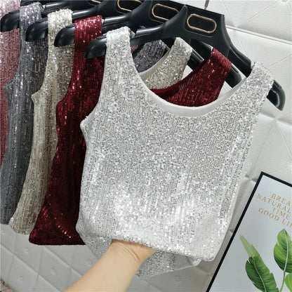 Sparkling Sequins Round Neck Vest Women's Outer Wear 2022 Summer New Bright Silk Fashion Glitter Bottoming Shirt Suspender Top