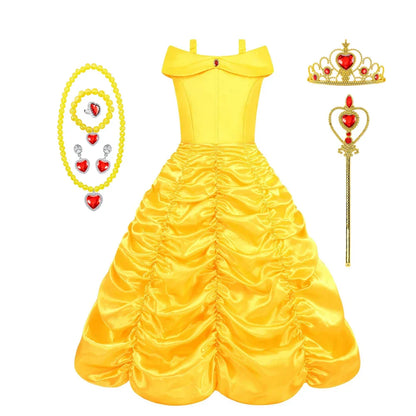 Fantasia Bela Adormecida Menina Vestido Amarelo Halloween A Bela e a Fera Fantasias Festa de Aniversário Meninas Roupas Infantis Vestido de Baile