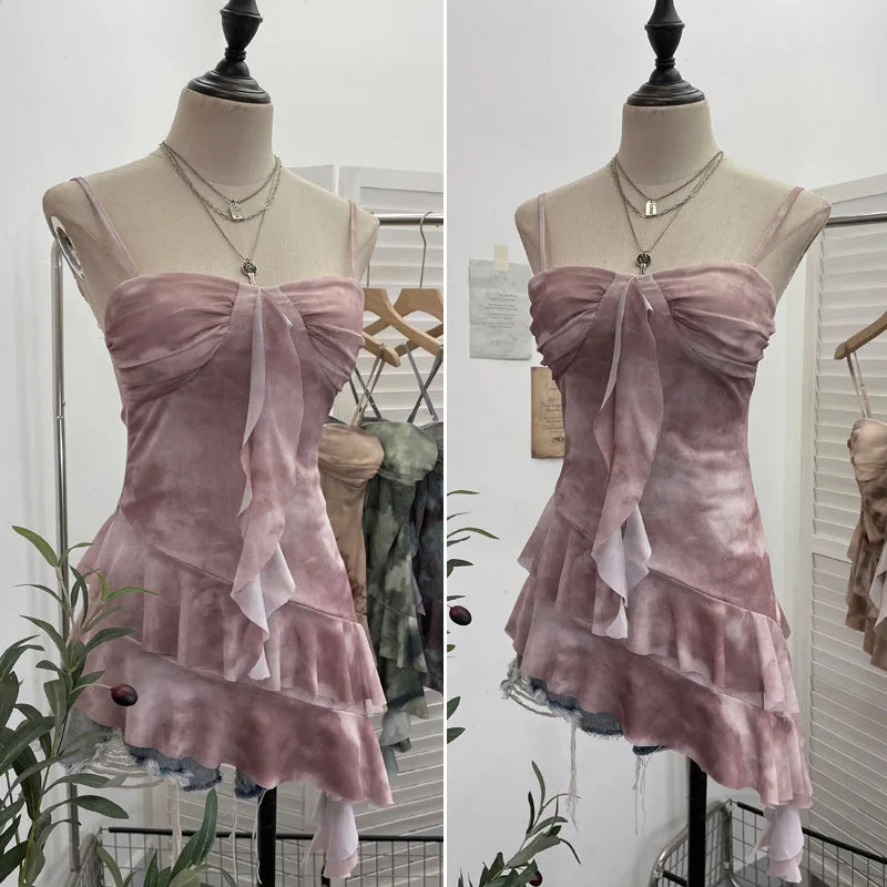 2025 Mesh Camisole for Women Stretch Casual Tie Dyeing Braless Sleeveless Adjustable Straps Asymmetrical Ruffle Tops