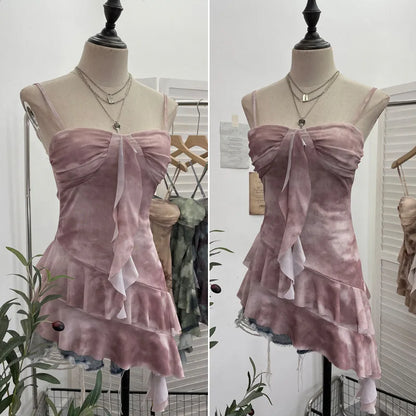 2025 Mesh Camisole for Women Stretch Casual Tie Dyeing Braless Sleeveless Adjustable Straps Asymmetrical Ruffle Tops