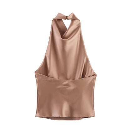 Sexy Chic Butter Yellow Satin Tops Women Halter Backless Beach Holiday Party Top Fashion 2025 New Year Evening Satin Top