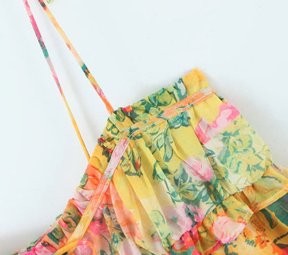 Flower Print Spaghetti Strap Mini Dress Women Backless Skater Lacing up Sling Robe Holiday