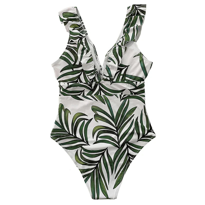 Sexy One Piece Swimsuit 2023 Women Striped Ruffled Swimwear Women Vintage Print Monokini Female Bodysuit Girl Beach Bathing Suit
