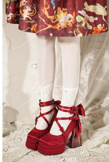Original Lolita Red High Heels Women's Sweet Elegant Bow Velvet Mary Jane Shoes Ladies Birthday Party Cos Platform Shoes Spring