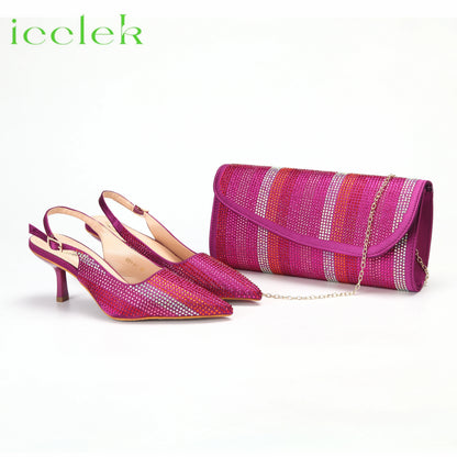 Italian Design African Women's High Heels Pointed Toe Sandals Party Wedding Party Magenta Color Shoes and Bags Set
