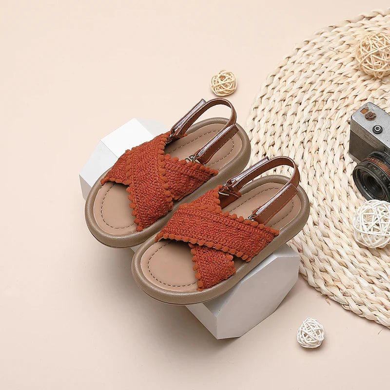 Girls Summer Beach Shoes Ethnic Style Kids Casual Sandals Soft Sole Fashion Children Retro Princess Shoes 2026 Summer New 21-37