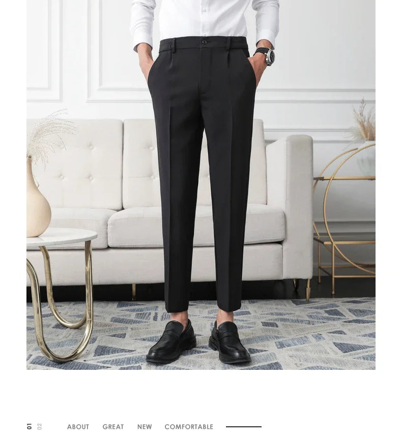 Slim Straight Non-iron Dress Pants Men Business Casual Little Feet Suit Pants Classic Black Apricot Dark Gray Male Trousers