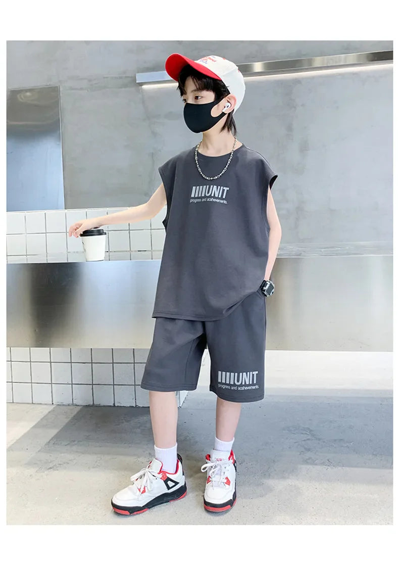 Big Child Cotton Summer Suit for Teens Boy Wing Print Cotton Tshirt + Shorts 2PCS Clothing Set Kids Adult Fashion Street Outfit