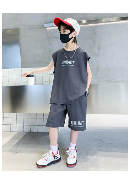 Big Child Cotton Summer Suit for Teens Boy Wing Print Cotton Tshirt + Shorts 2PCS Clothing Set Kids Adult Fashion Street Outfit