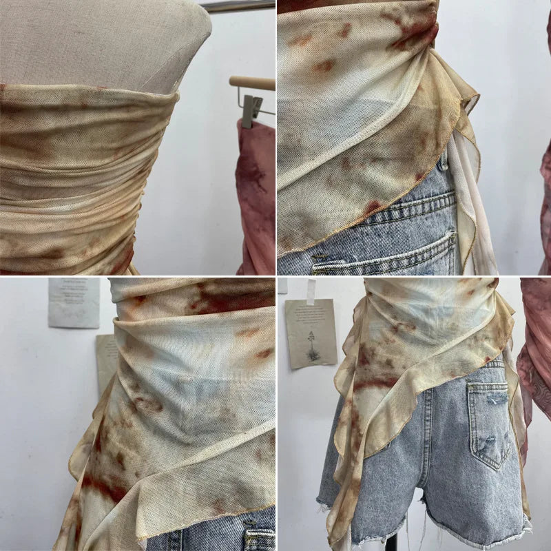 Tie Dye Summer Tops for Women Y2K Strapless Sleeveless Asymmetrical Ruffle Fishtail Ruched Stretch Mesh Vintage Clothes