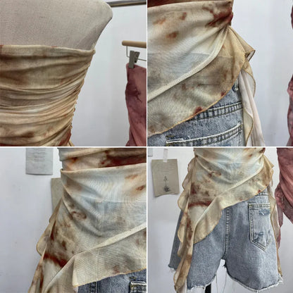 Tie Dye Summer Tops for Women Y2K Strapless Sleeveless Asymmetrical Ruffle Fishtail Ruched Stretch Mesh Vintage Clothes