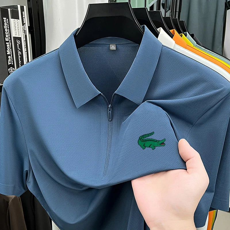 Men's Premium Textured Polo Shirt Seamless Half Zipper Crocodile Print Short Sleeve Summer Lapel T-Shirt Classic Men's Clothing