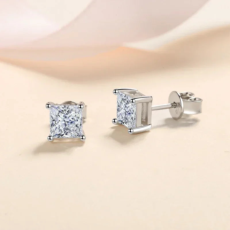 1ct Princess Cut Moissanite Earrings for Women S925 Sterling Silver with Gold Plated Ear Studs Wedding Party Fine Jewelry