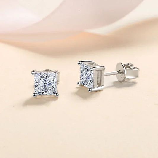 1ct Princess Cut Moissanite Earrings for Women S925 Sterling Silver with Gold Plated Ear Studs Wedding Party Fine Jewelry