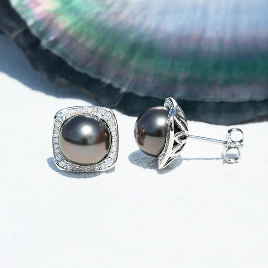 9-10mm Natural Tahitian Pearl Stud Earrings With Cer S925 Sterling Silver High Luster Seawater Pearl Earrings For Woman