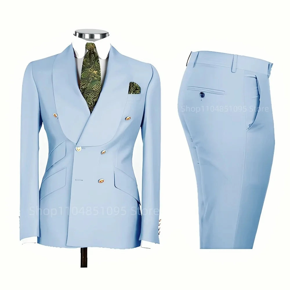 2 PCS Men's Smart Casual Solid Formal Tuxedo Suits with Shawl Lapel Double Breasted Jacket And Pants for Business And Wedding