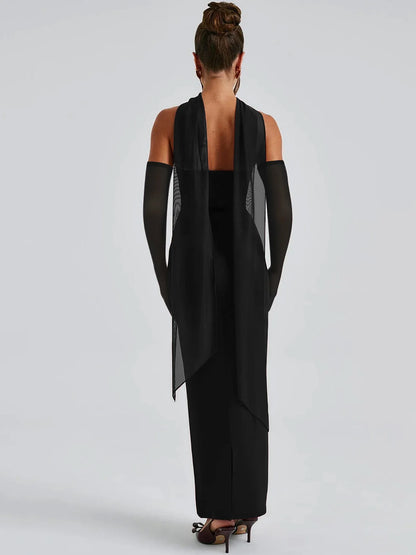 Elegant Scarf Strapless Solid Mesh Gloves Sexy Bodycon Maxi Prom Dress Women Fashion Y2K Outfits Wedding Party Birthday