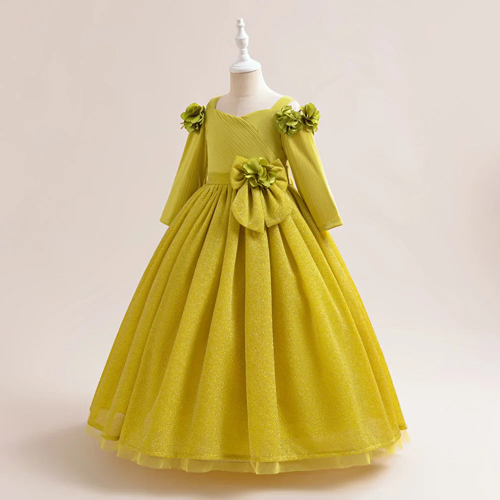 Summer Flower Wedding Girls Party Dress Long Sleeve Baptism Bridesmaids Princess Dresses Girl Gala Bow Birthday Evening Costumes