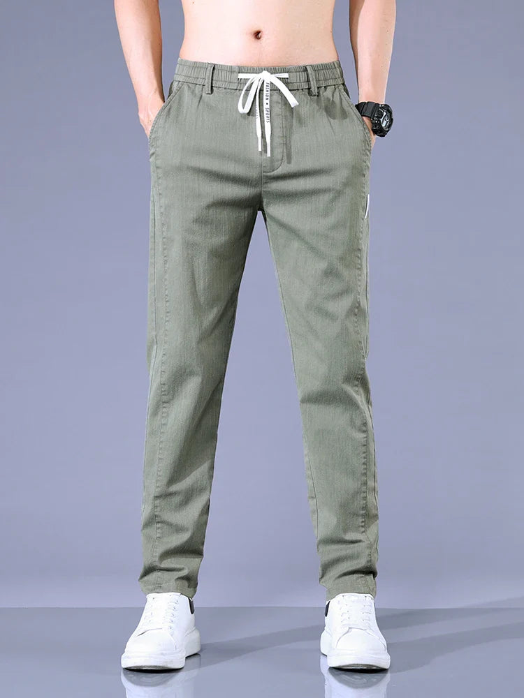 Size 28-38 Thin Casual Pants Mens Slim Simple Cotton Stretch Spring Summer Trousers Elastic Waist Drawstring Jogging Sweatpants