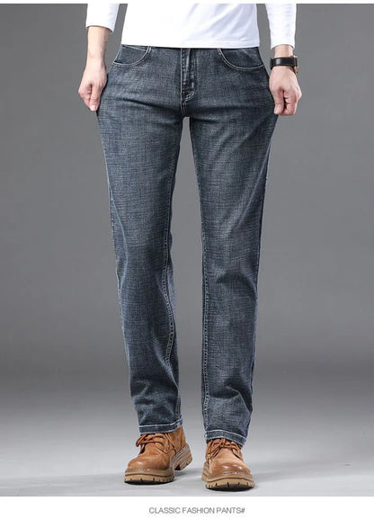 High Quality Spring Autumn Men's Slim Jeans Stylish Casual Stretch Fabric Denim Pants Classic Trousers Smoke Gray Plus Size 40