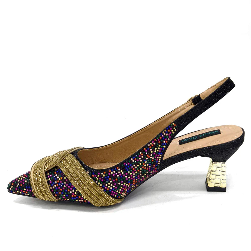 Black Hollow Design With Pointed Shoes And Fashion Three-Dimensional Bag Cozy Rhinestones Are Suitable For Parties