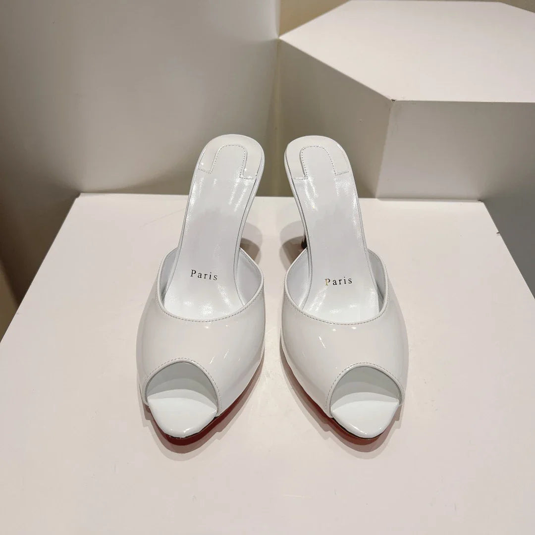New patent leather nude high heels stiletto round head open-toed fish mouth shoes sexy outer slippers women's muller shoes