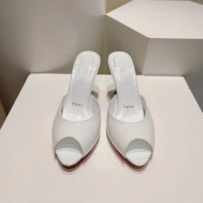 New patent leather nude high heels stiletto round head open-toed fish mouth shoes sexy outer slippers women's muller shoes