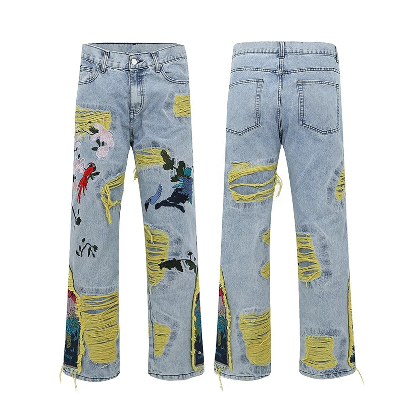 Chinese Painting Embroidered Patch Denim Ripped Jeans for Men Streetwear Pleated Tassels Distressed Destroyed Jean Straight Male