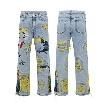 Chinese Painting Embroidered Patch Denim Ripped Jeans for Men Streetwear Pleated Tassels Distressed Destroyed Jean Straight Male