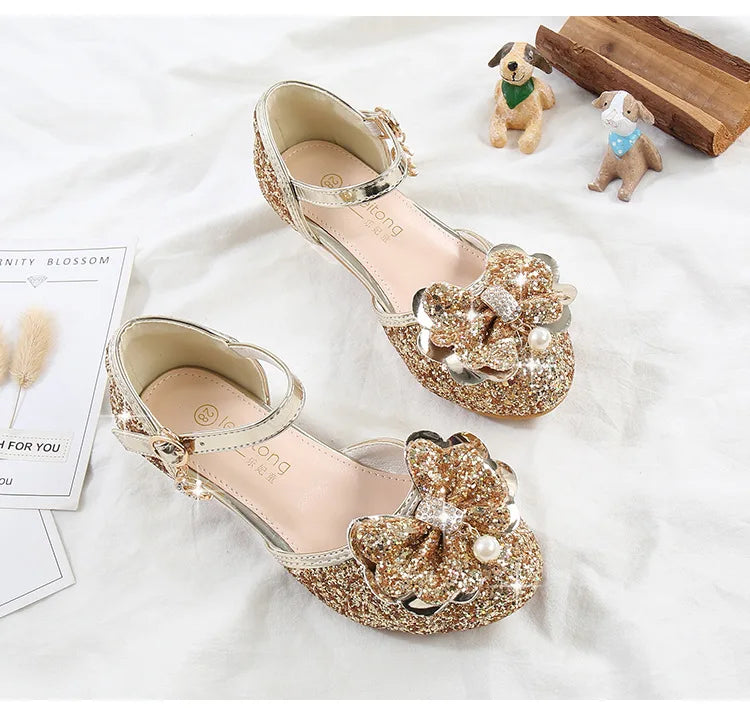 Children's Sandals for Party Wedding Elegant Bowknot Kids Girls Versatile Sequins High-heels Fashion Pearl Princess Single Shoes