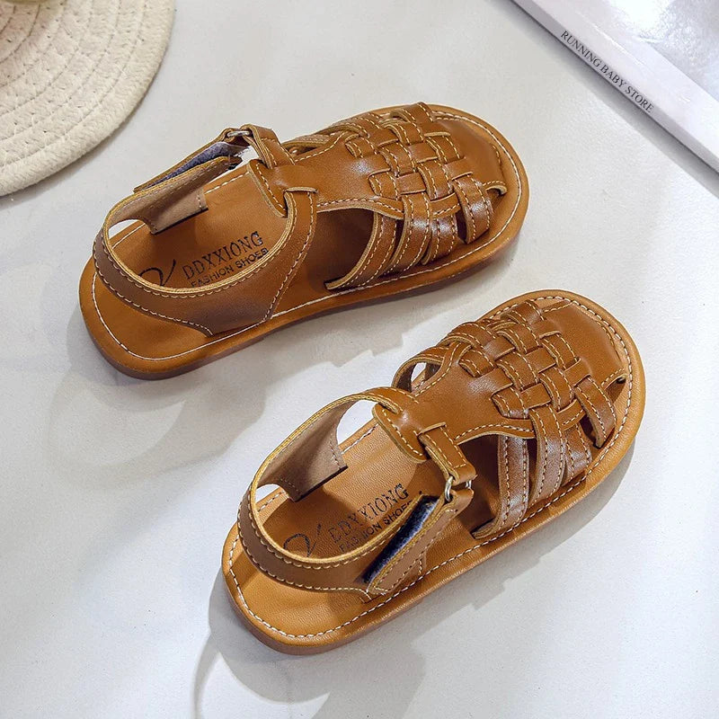Toddler Sandals for Boys Cut outs Leather Shoes 2026 Summer Brand New Gladiator Sandals Weave Baby Boy Beach Shoes Flats H05096