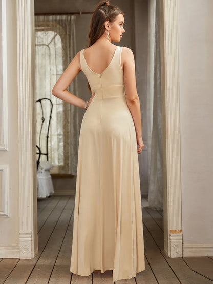 Split V Neck Maxi Bridesmaid Dress Long for Women Wedding Party A Line Formal Dress Sleeveless Floor Length Evening