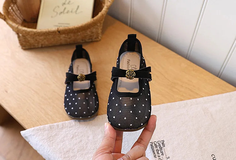 Girls' Casual Shoes, Polka Dot Mesh Princess Cute Bow Spring Summer 2026 Suitable Toddlers, Medium Large Children Wedding Party