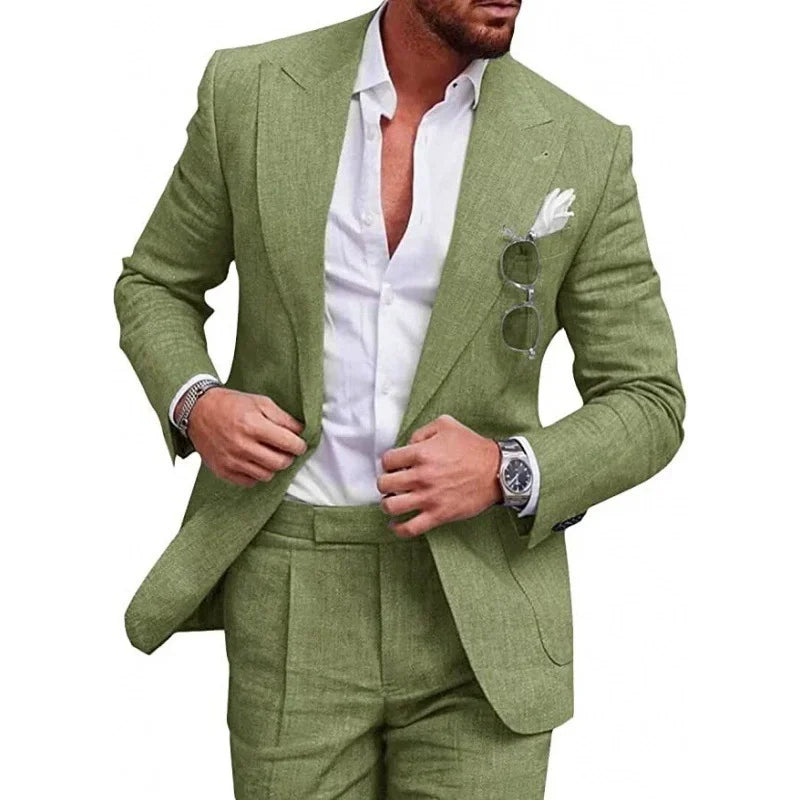 Mens Linen Suit for Beach Wedding Slim Fit 2 Piece Wedding Tuxedo for Men Casual Linen Suit Prom Party Suit