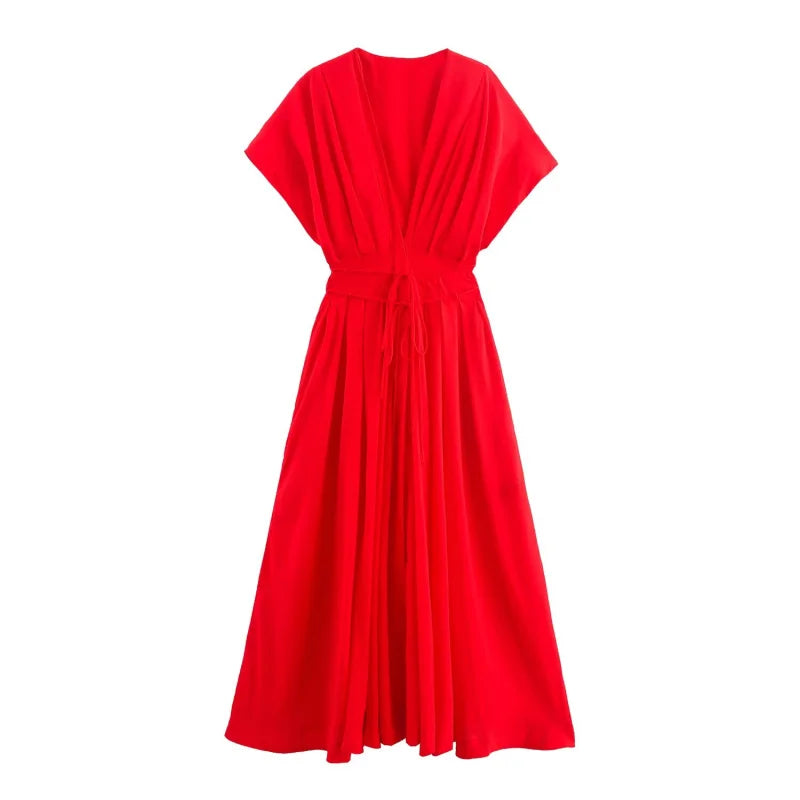 women's elegant party dress Vintage V-neck fashion pleated lace-up MIDI poplin dress