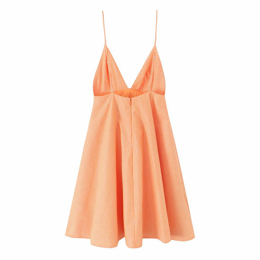 Women Summer Orange Striped Backless Zipper Mini Dress Thin Straps V-Neck Female Chic Lady Dresses Vestidos Para Mujer