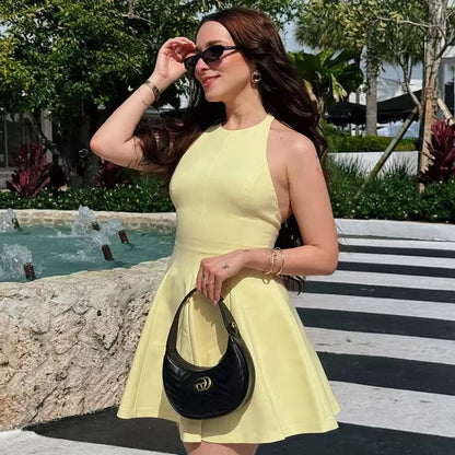Halter Short Dress Womens Dresses Red Yellow Dress Woman Summer 2025 Ruffled Backless Sleeveless Vestidos Elegant Dress 066